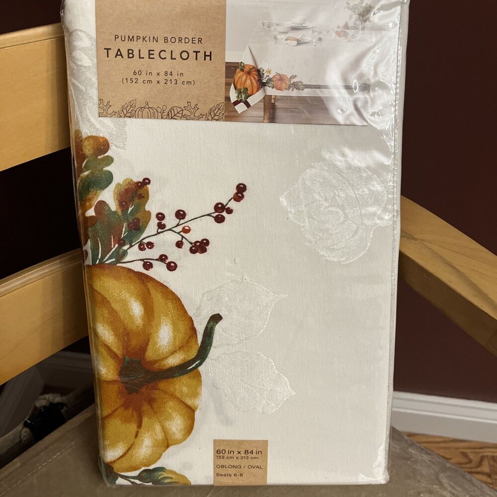 New Fall Pumpkin Border Tablecloth Rectangle Washable 60in X 84in Thanksgiving